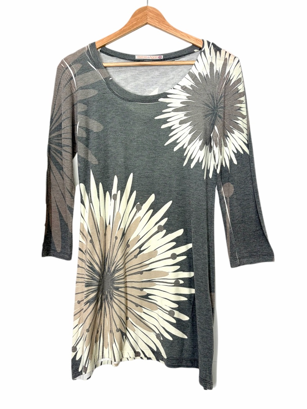 Before + Again Scoop Neck Tunic Dress Floral Burst Print Gray White Tan Medium